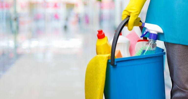Cleaning tools in a bright home interior